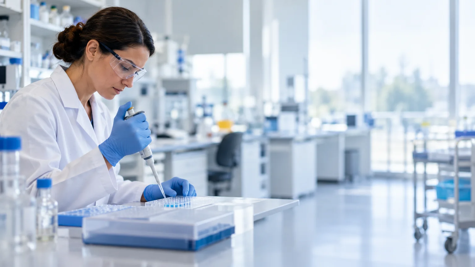 Laboratory professional using a pipette and microplate