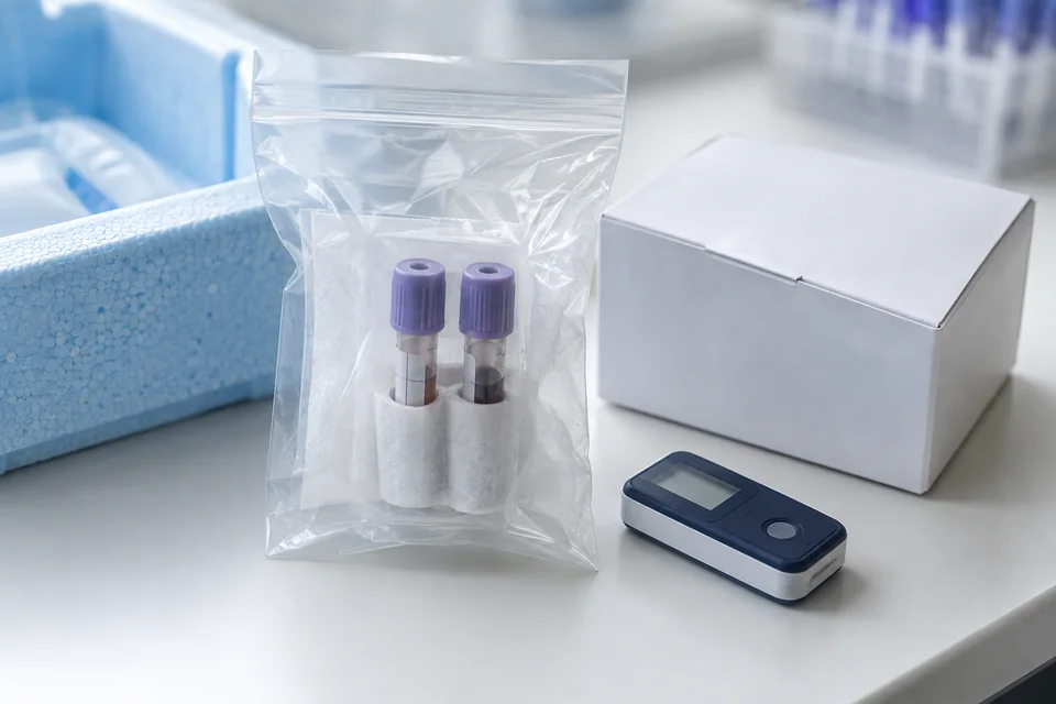 Packaged laboratory samples, a pharmaceutical carton and a temperature data logger