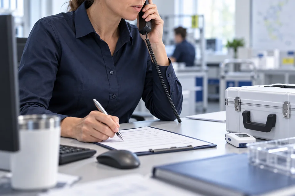 Transportkoordinatorin bei der telefonischen Abstimmung einer Sendung
