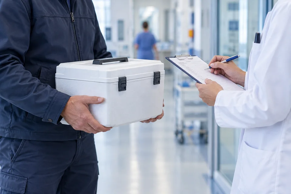 Übergabe eines geschlossenen isolierten Transportbehälters in einer klinischen Umgebung